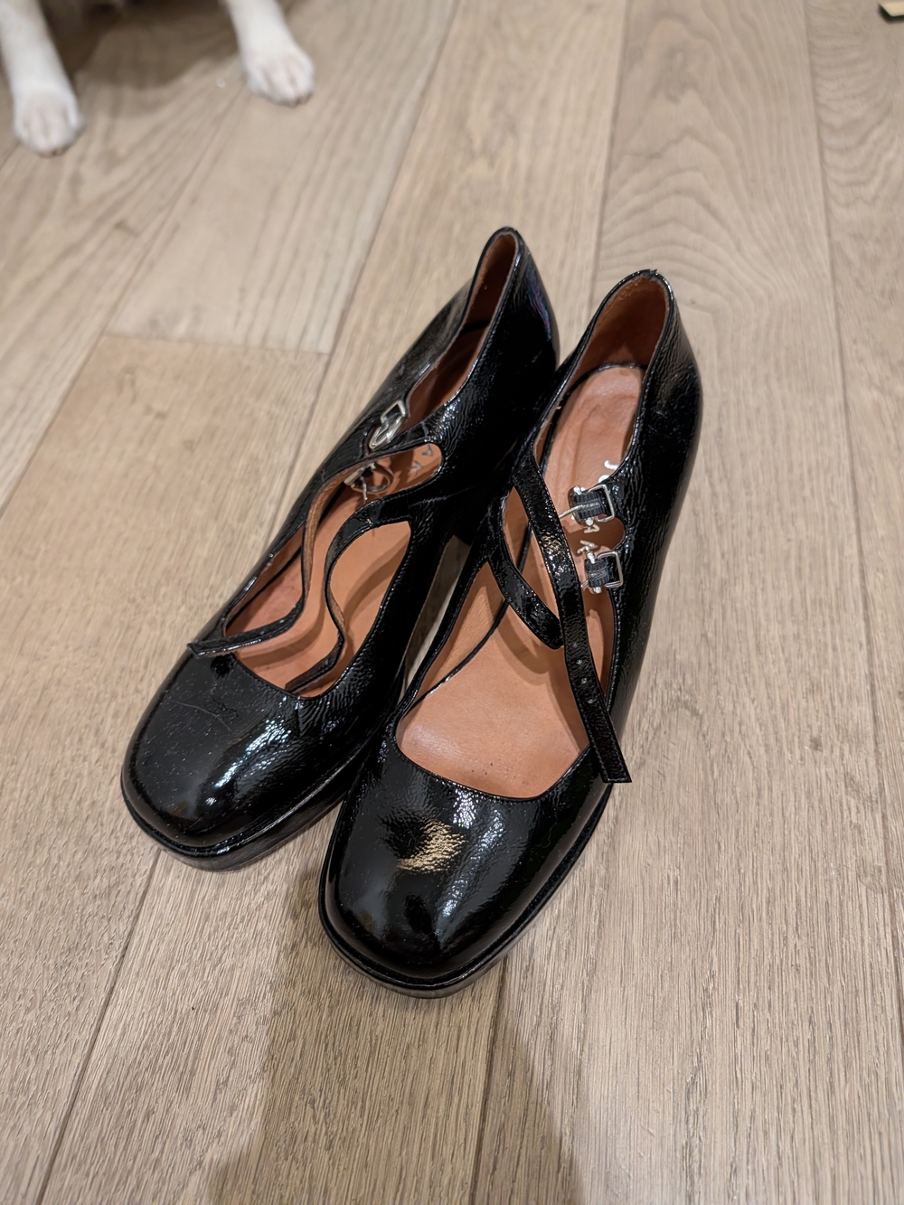 JONAK Black Patent Mary Jane Heels with Double Straps